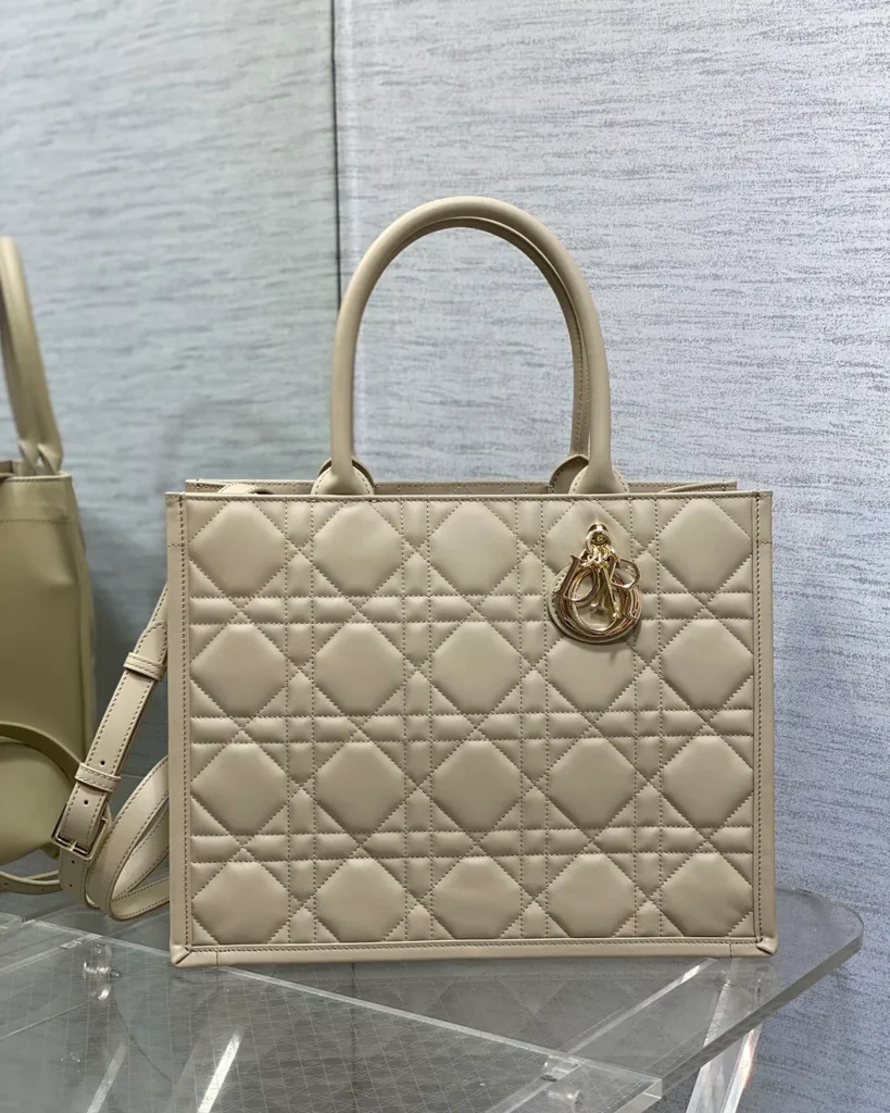 Taupe Geometric Quilted Tote — front view
