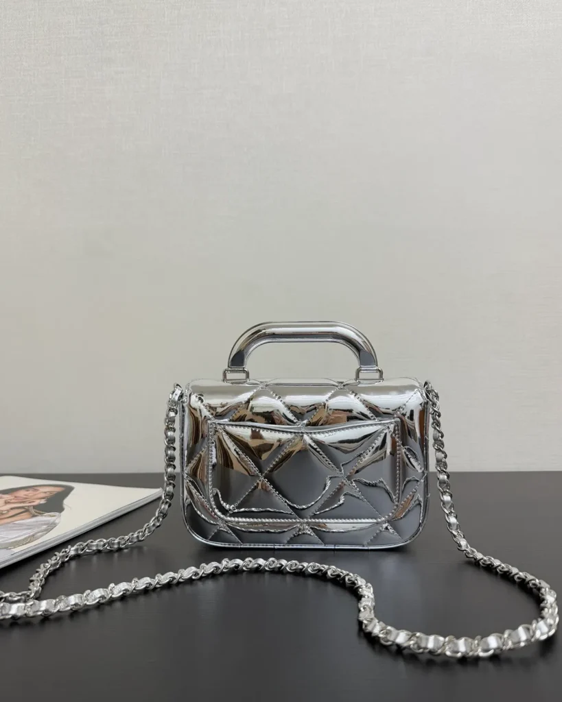 Metallic Silver Quilted Top-Handle Flap Bag — rear view