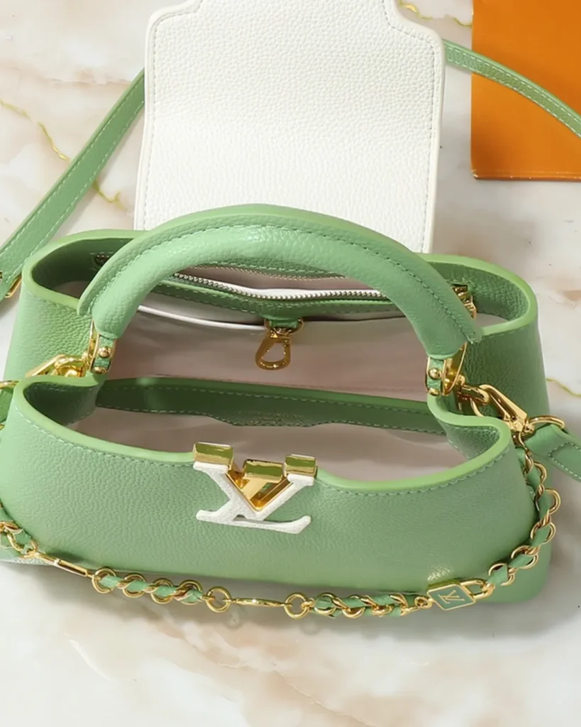 Green Cream-Accent Charm-Chain Bag — open top view