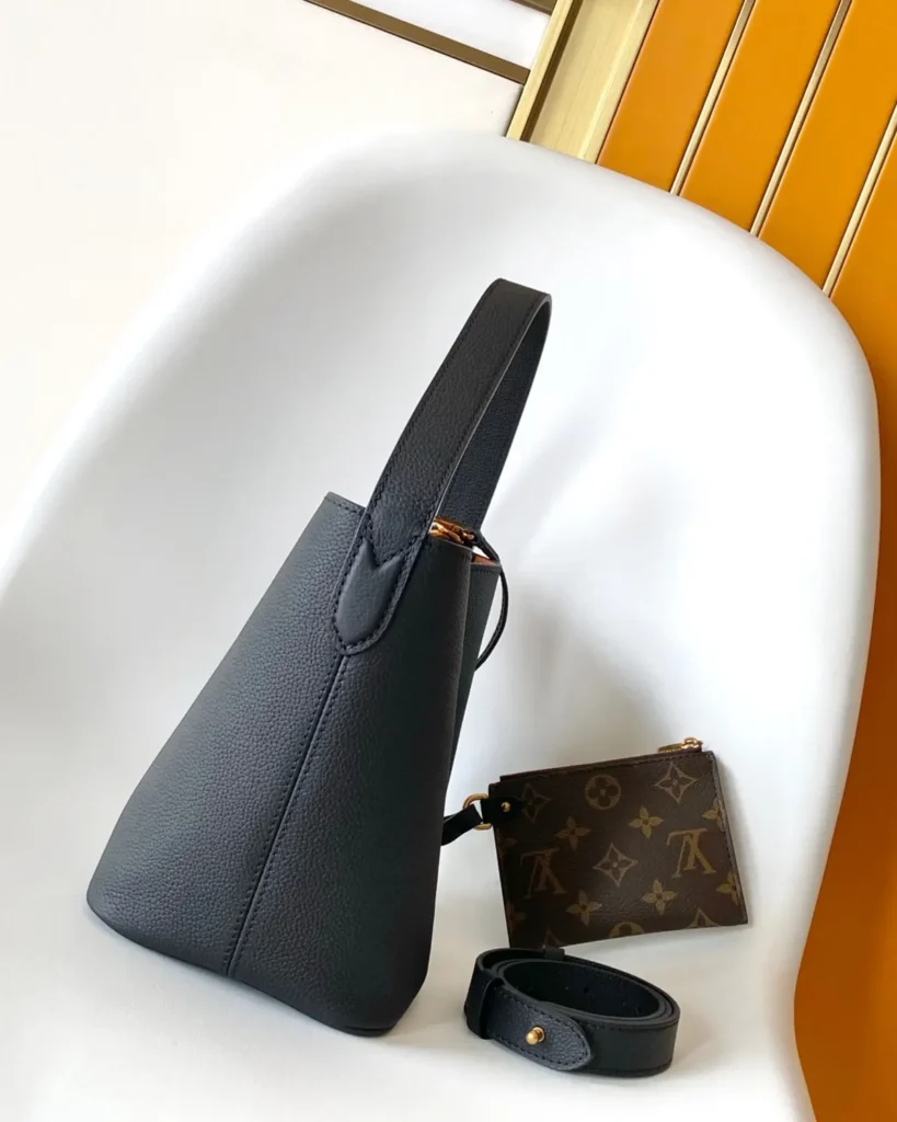 Black Curved Top Bucket Bag with Padlock — side view