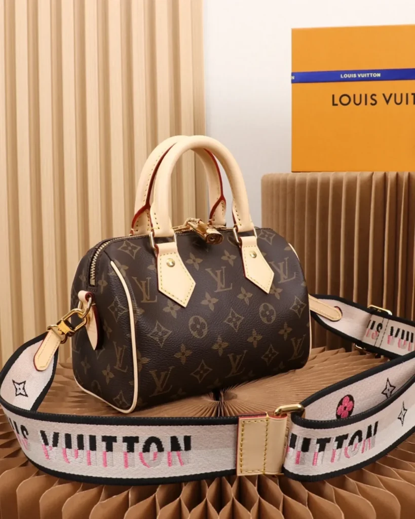 Brown Monogram Boston Bag with Wide Strap — angled view