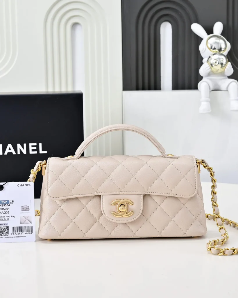 Pale Beige Quilted Top-Handle Flap Bag — front view