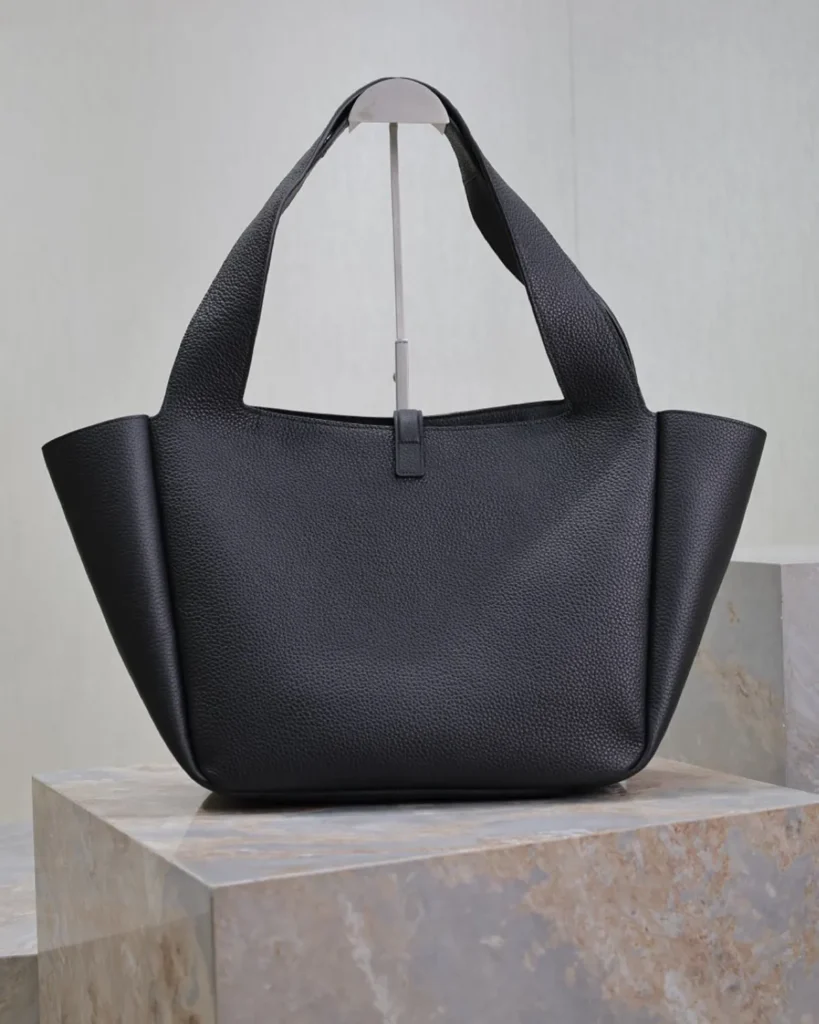 Black Grained-Look Wide Tote — rear view