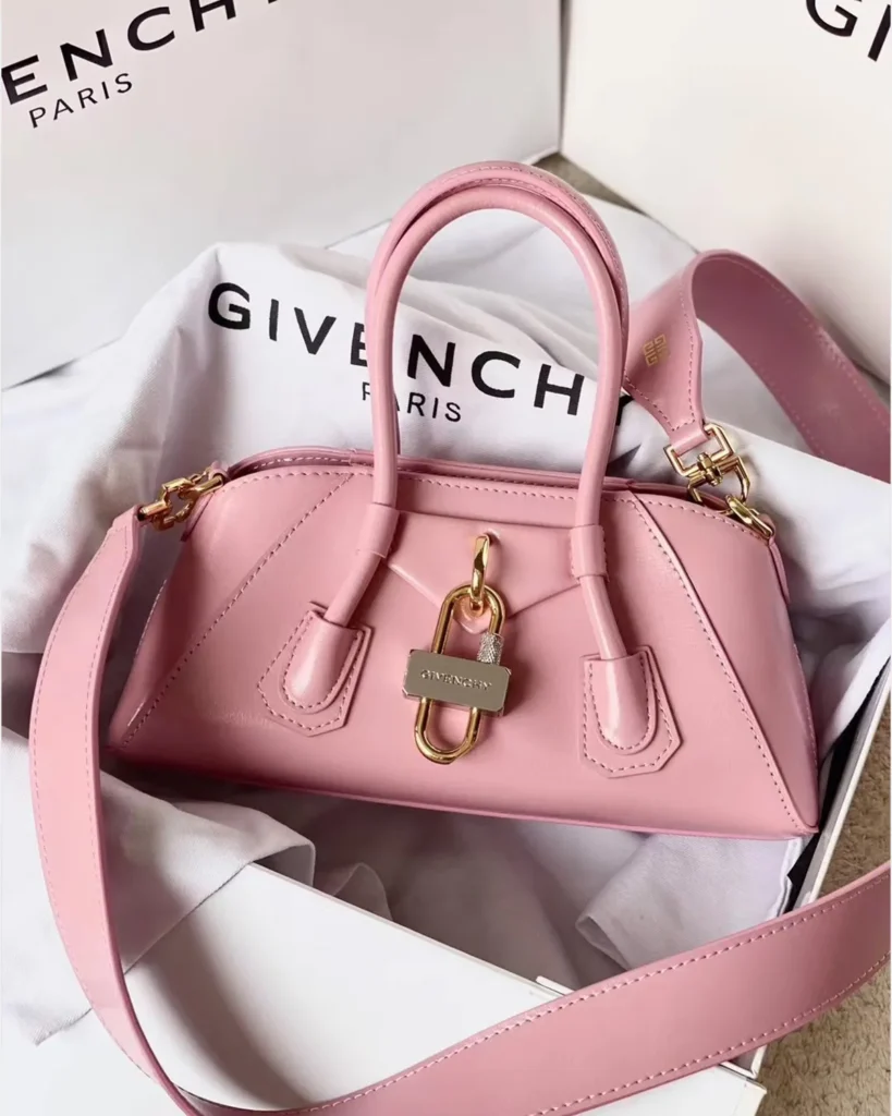 Pink Elongated Padlock Satchel — front styled