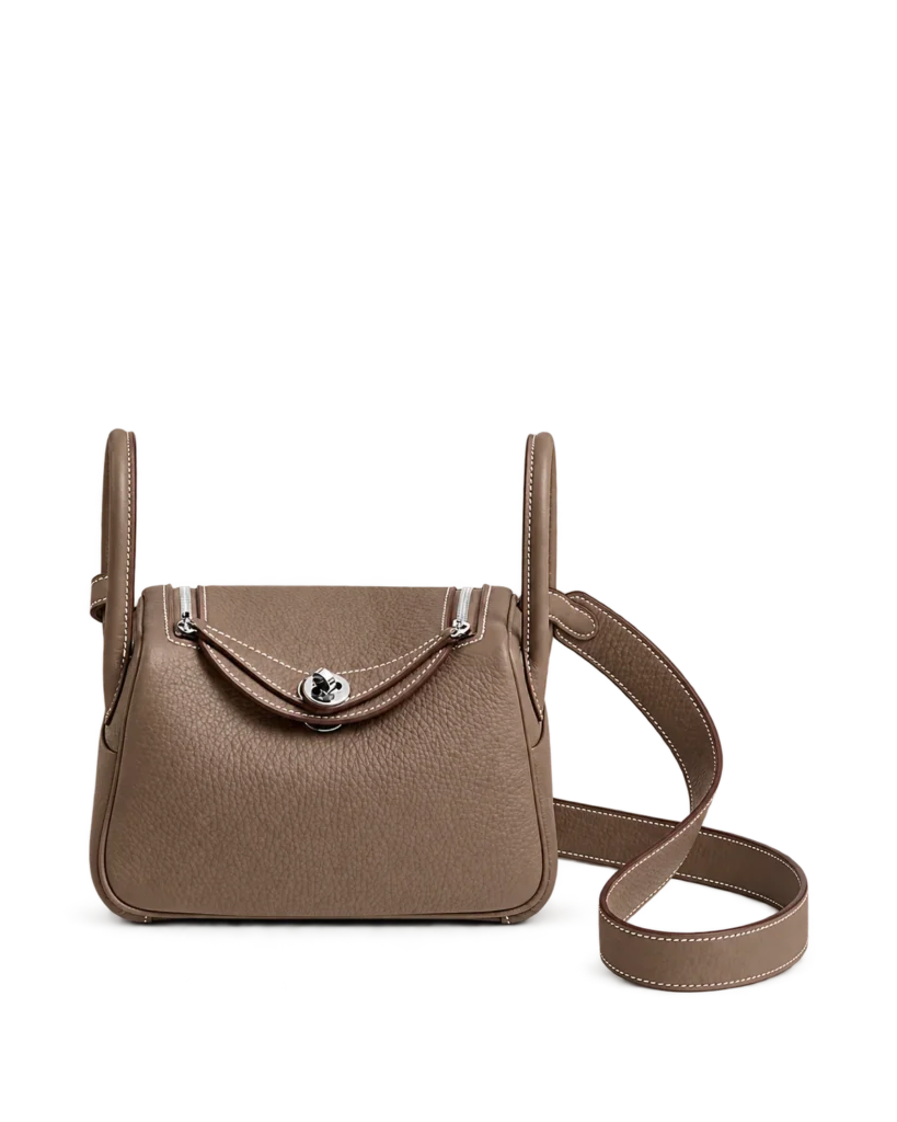 Lindy-Inspired Mini Taupe Crossbody Bag, front with extended strap