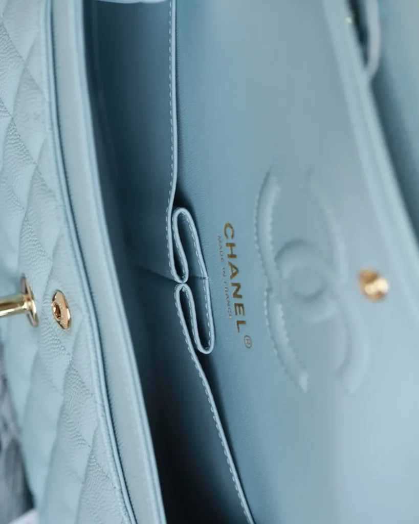 Pale Blue Quilted Gold-Tone Chain Flap Bag — interior view