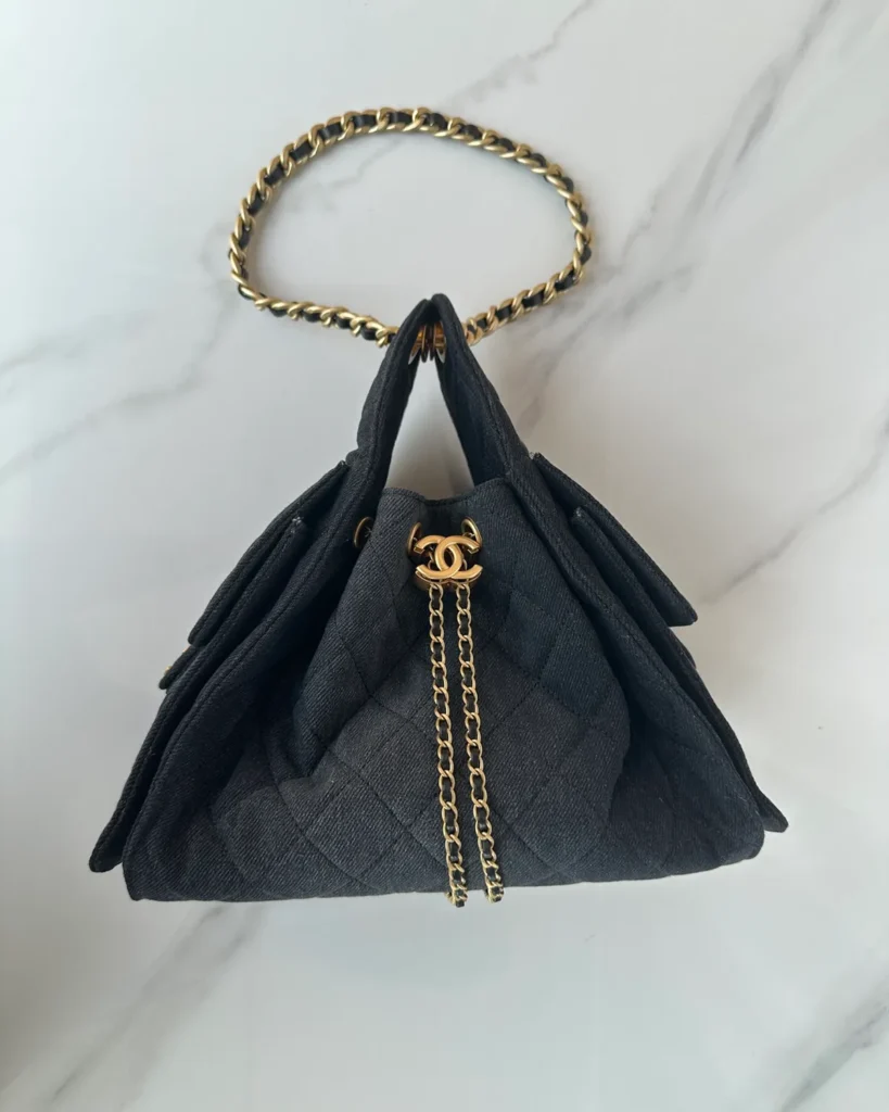 Dark Navy Quilted Chain Drawstring Tote — gathered top view
