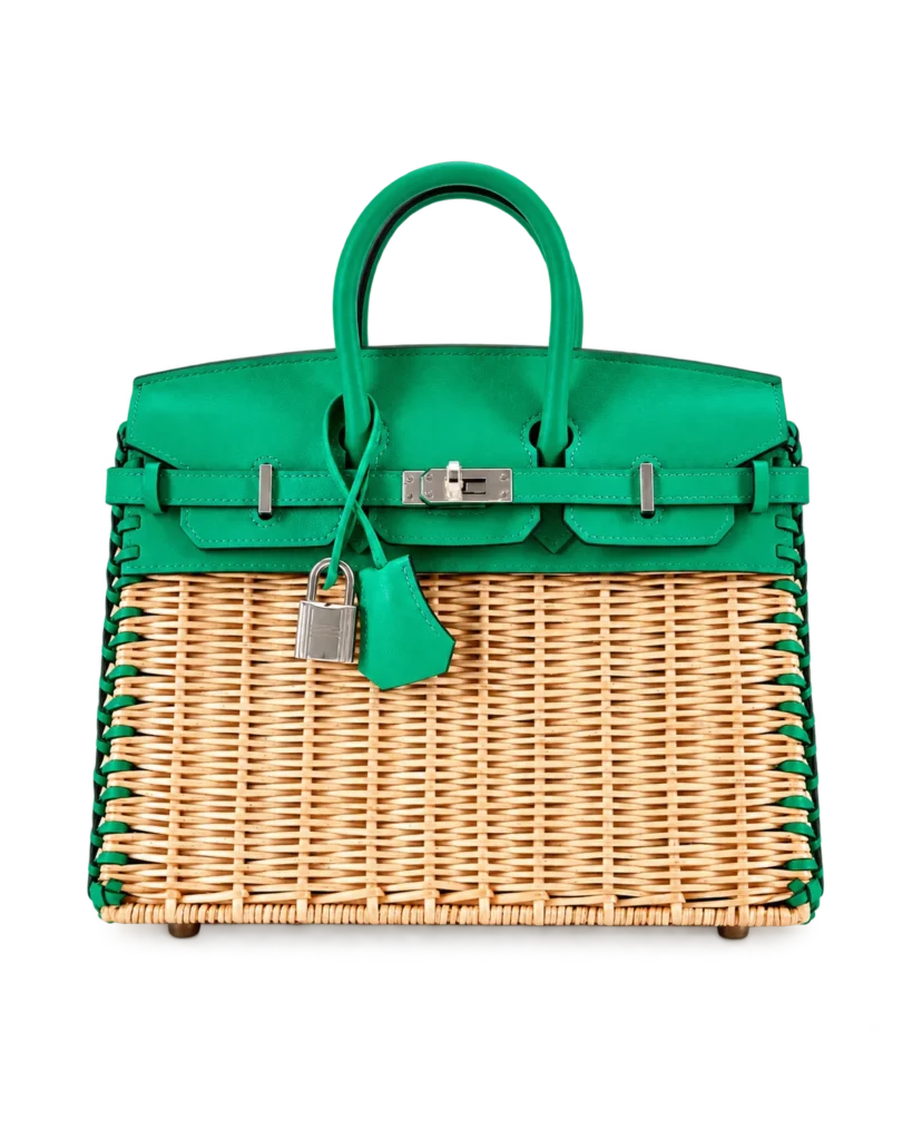 Birkin-Inspired 25 Green Woven Picnic Tote, front woven body and green trim