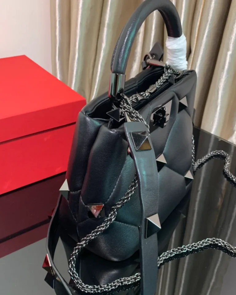 Black Diamond-Quilted Studded Top-Handle Bag — side view