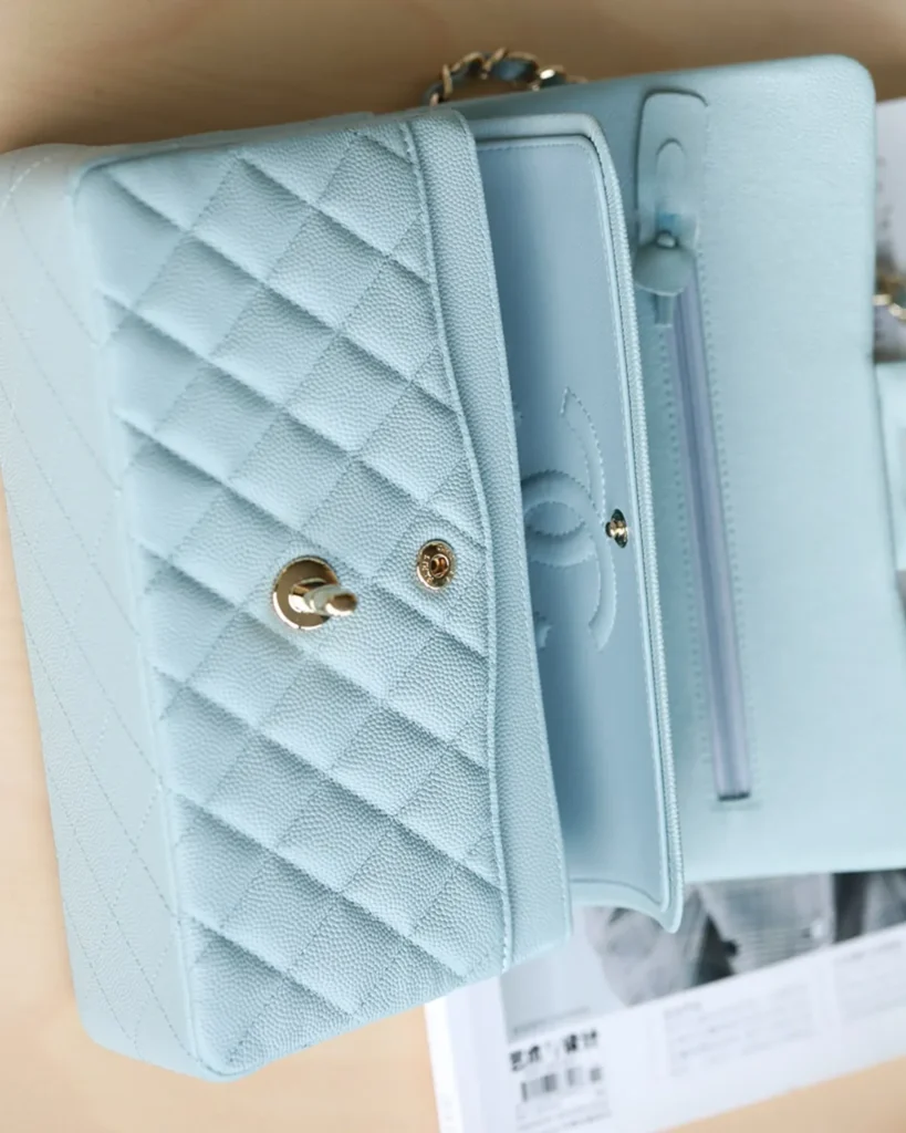 Pale Blue Quilted Gold-Tone Chain Flap Bag — open flap view