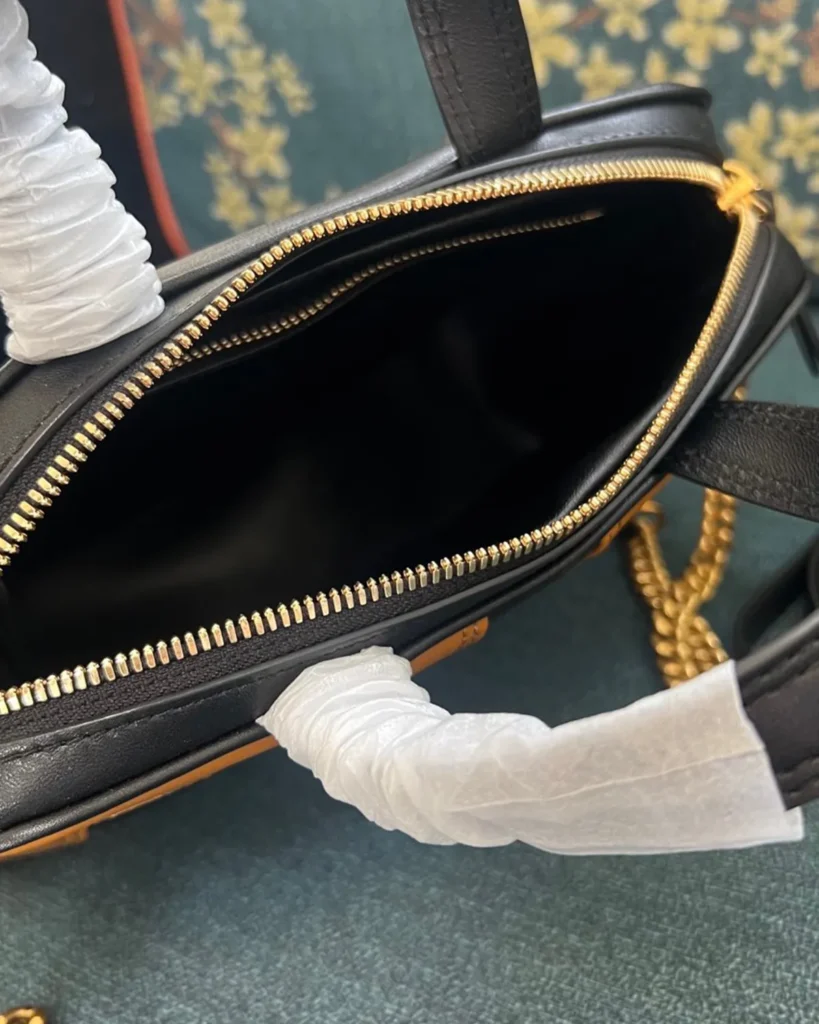 Black and Tan V-Panel Zip Top-Handle Bag — open top view