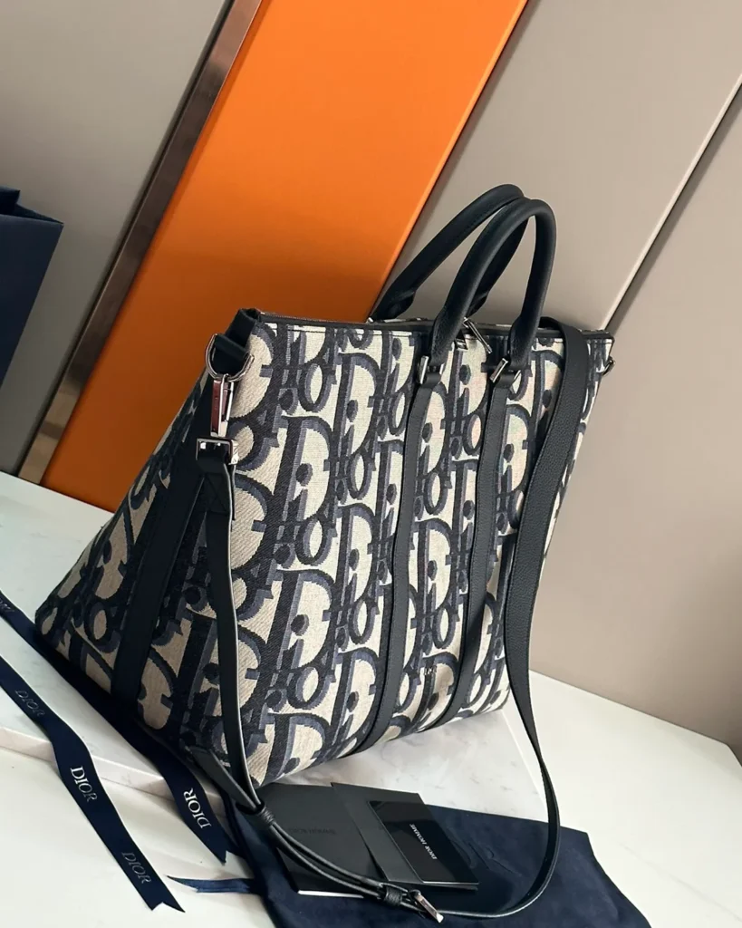 Beige Navy Monogram Zip Travel Tote — side view
