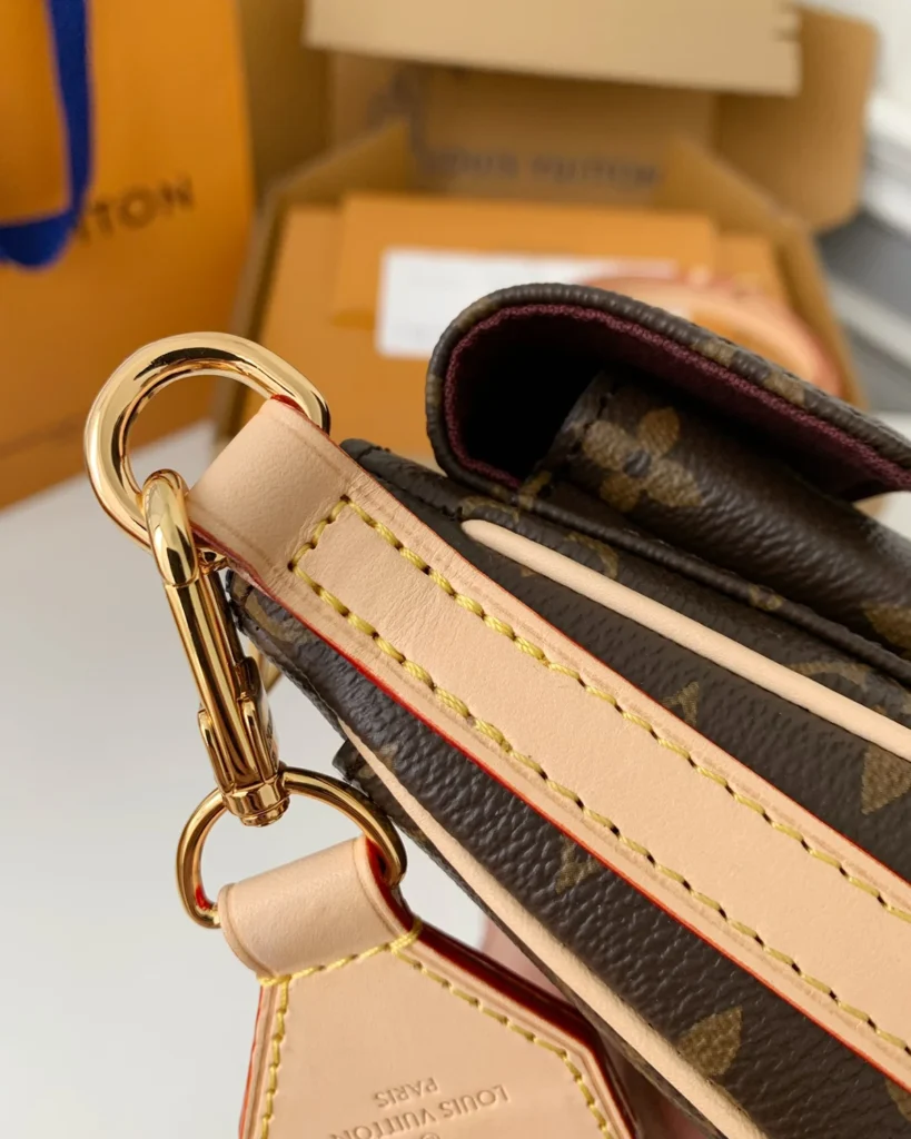 Brown Monogram Front-Pocket Shoulder Bag — strap attachment view