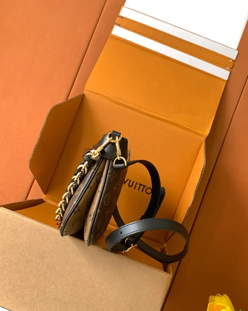 Brown Monogram Curved Shoulder Bag with Chain — side view
