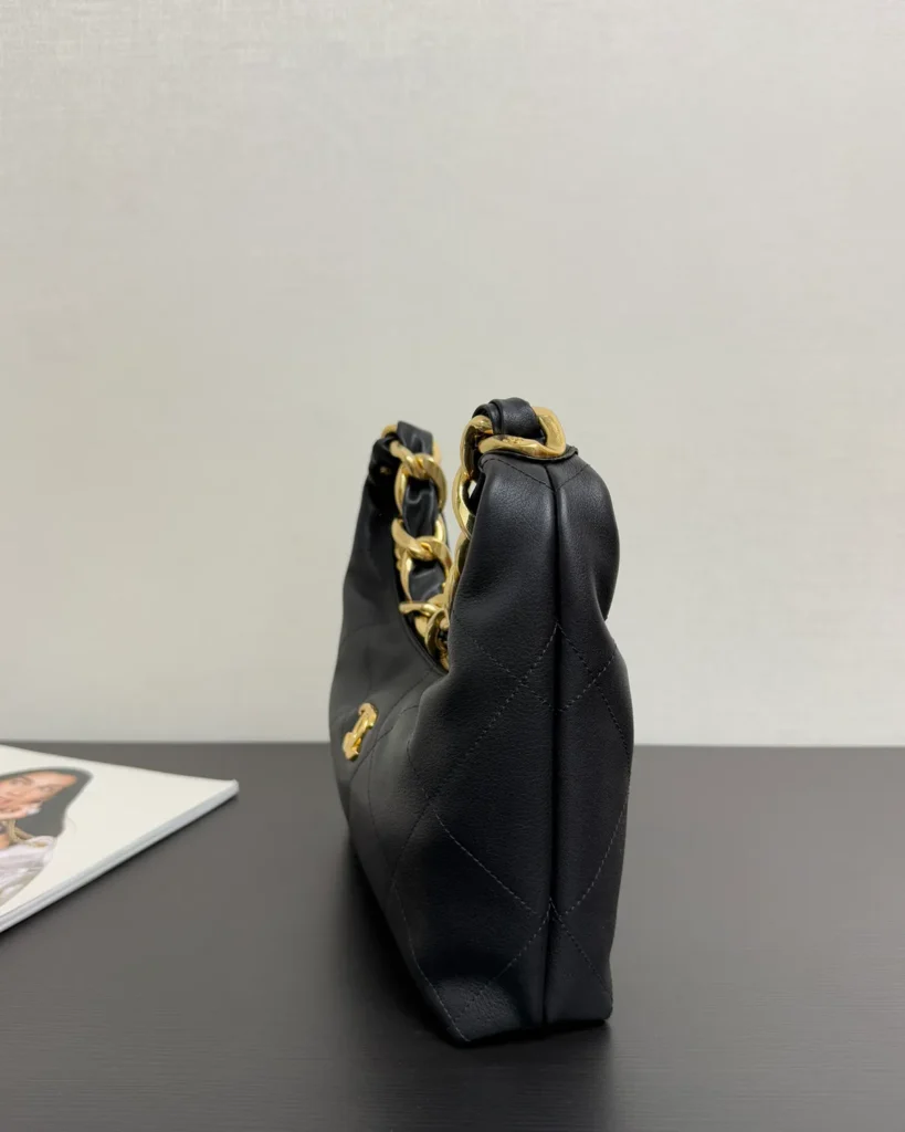 Black Quilted Chunky-Chain Hobo Bag — side view