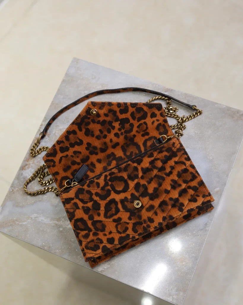 Leopard Print Envelope Chain Wallet — open flap view