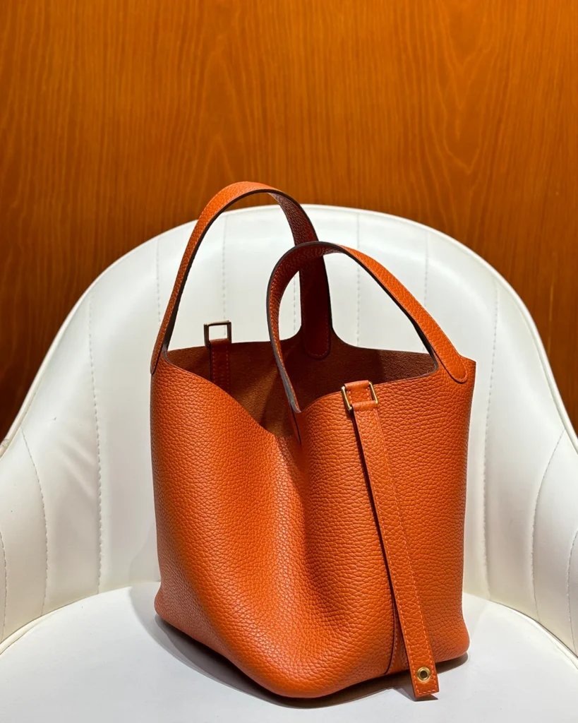 Picotin-Inspired 18 Orange Bucket Bag, open top view