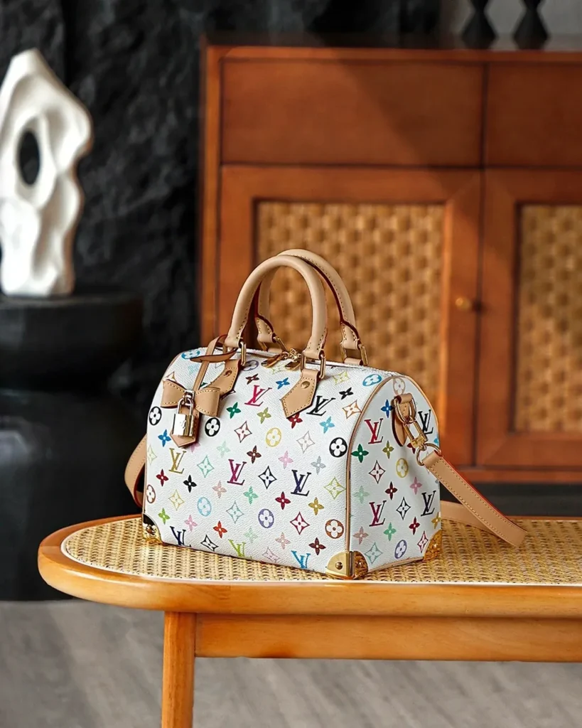 White Multicolor Monogram Top-Handle Bag — angled front view