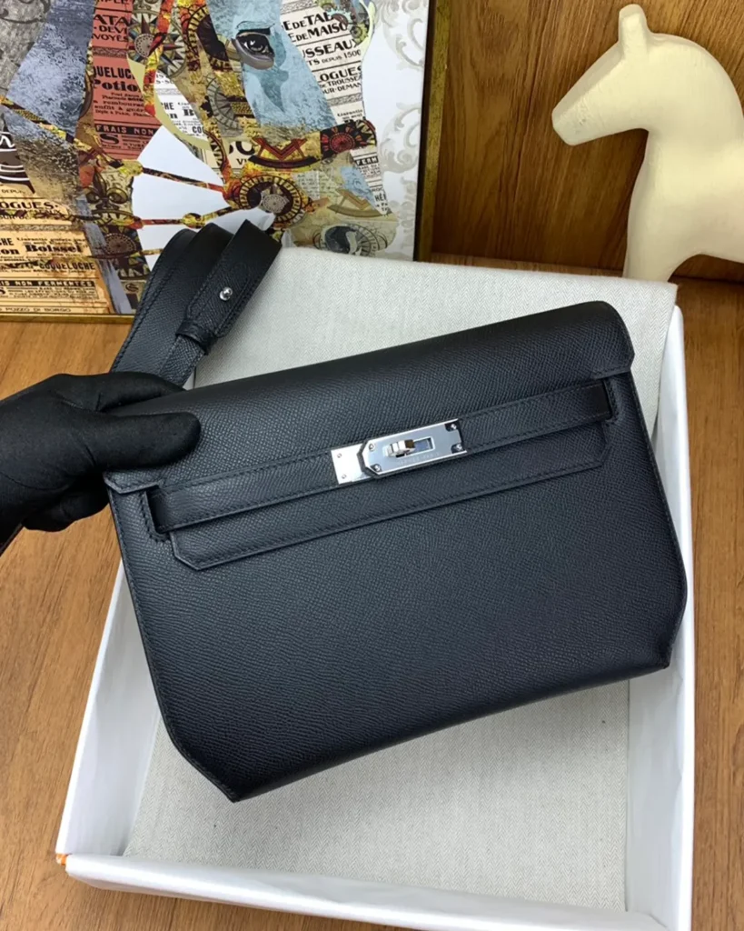 Kelly-Depeches-Inspired 25 Black Wristlet Pouch, front flap held open