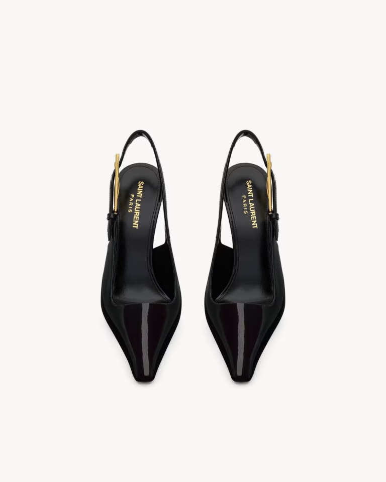 Black Patent-Style Slingback Pumps with Geometric Heel