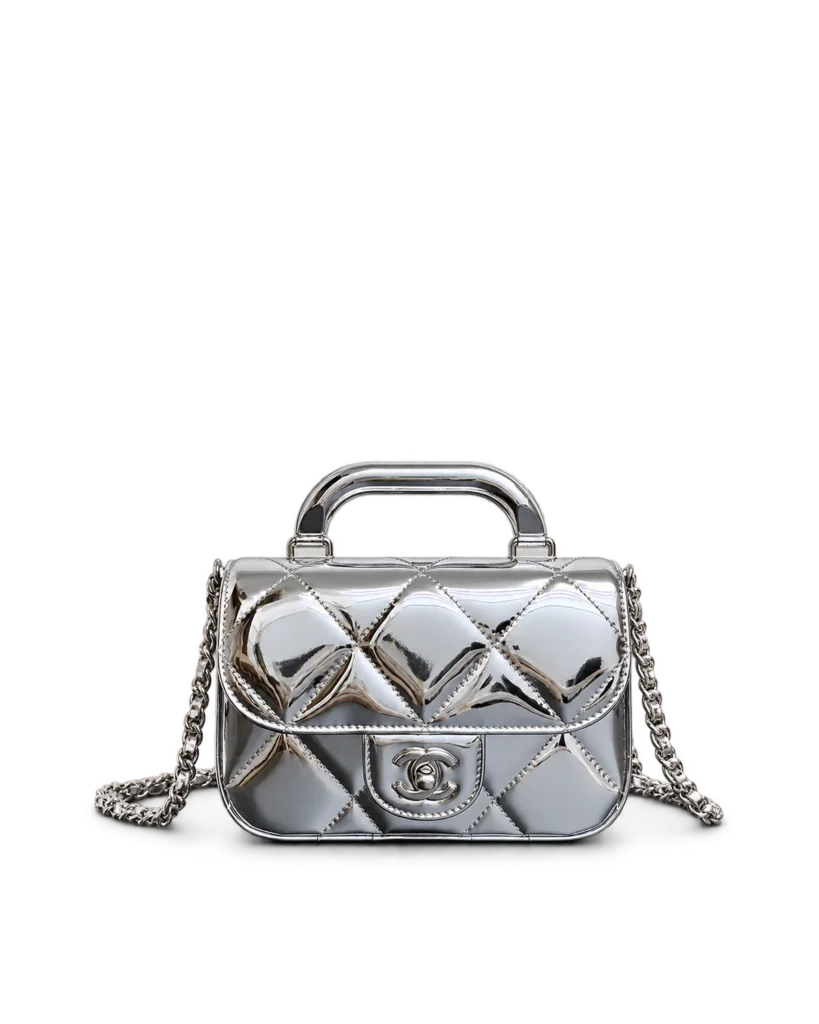 Metallic Silver Quilted Top-Handle Flap Bag — main view