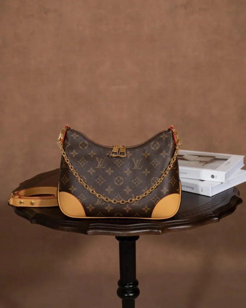 Brown Monogram Crescent Bag with Tan Corners — front view