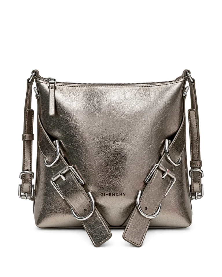 Metallic Silver Buckle Shoulder Bag — upright front view