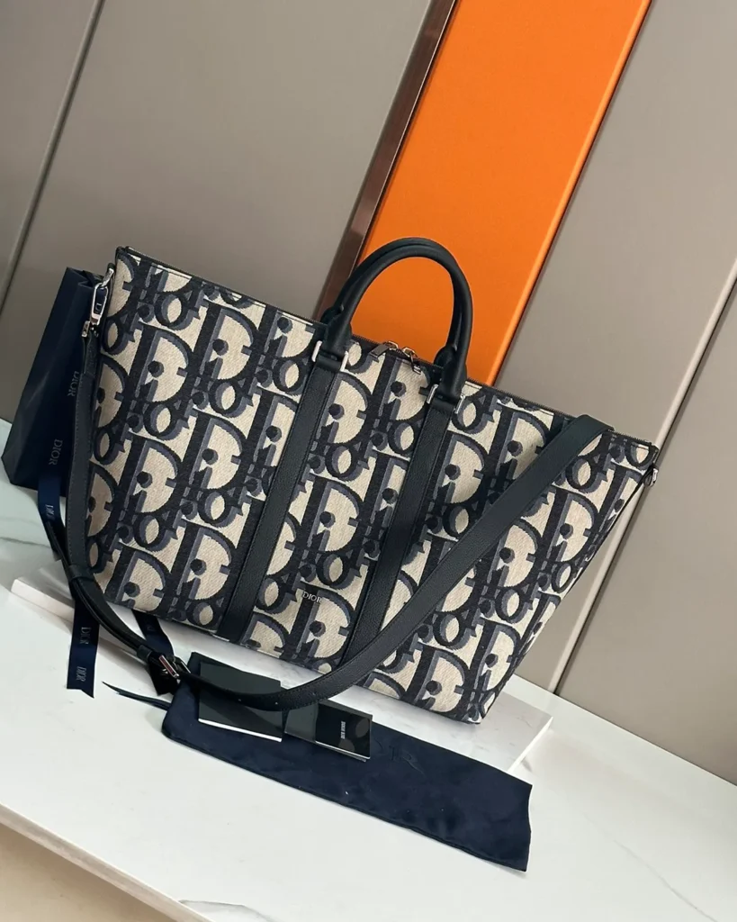 Beige Navy Monogram Zip Travel Tote — front view