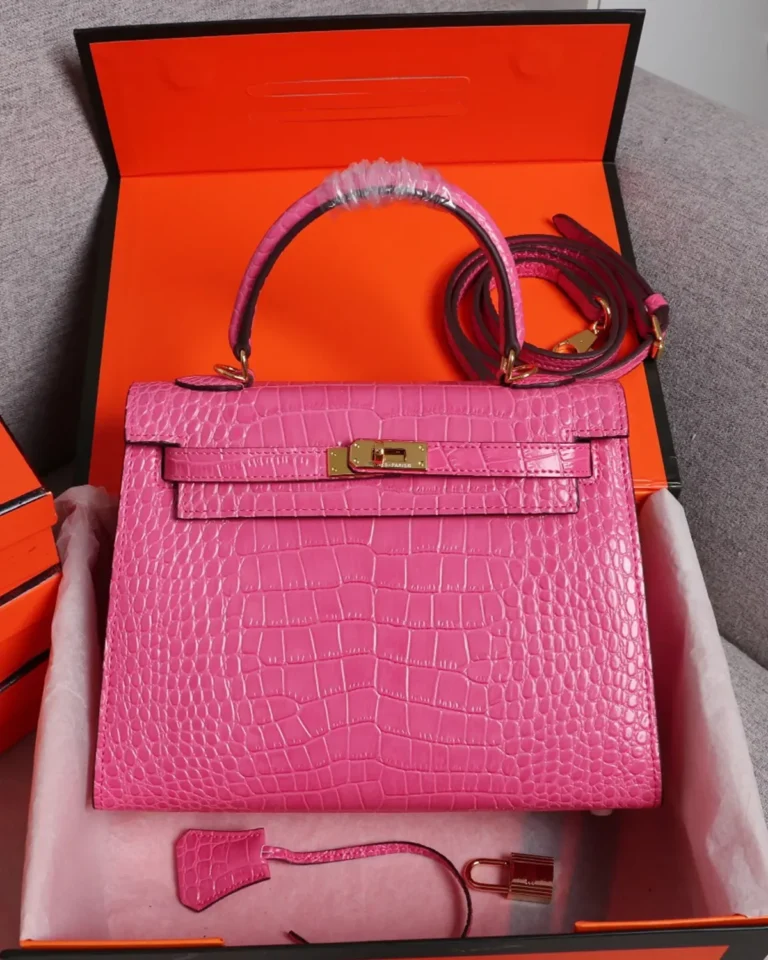 Kelly-Inspired Pink Croc-Pattern Top-Handle Bag, front display in box