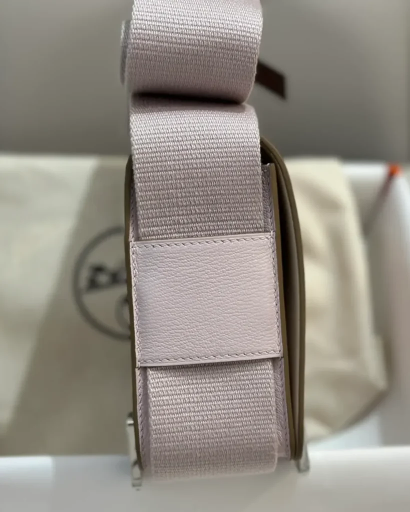 Pale Mauve geta-inspired box bag, side strap view