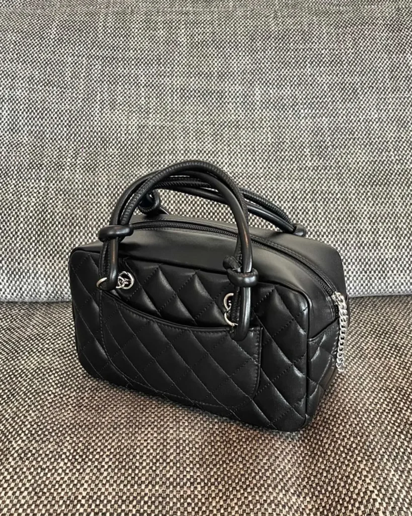 Black Quilted Offset-Emblem Bowler Bag — rear view