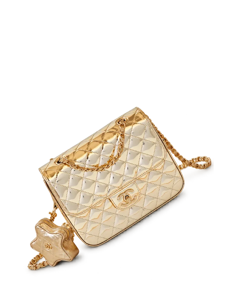 Metallic Gold Quilted Star-Charm Flap Bag — main view