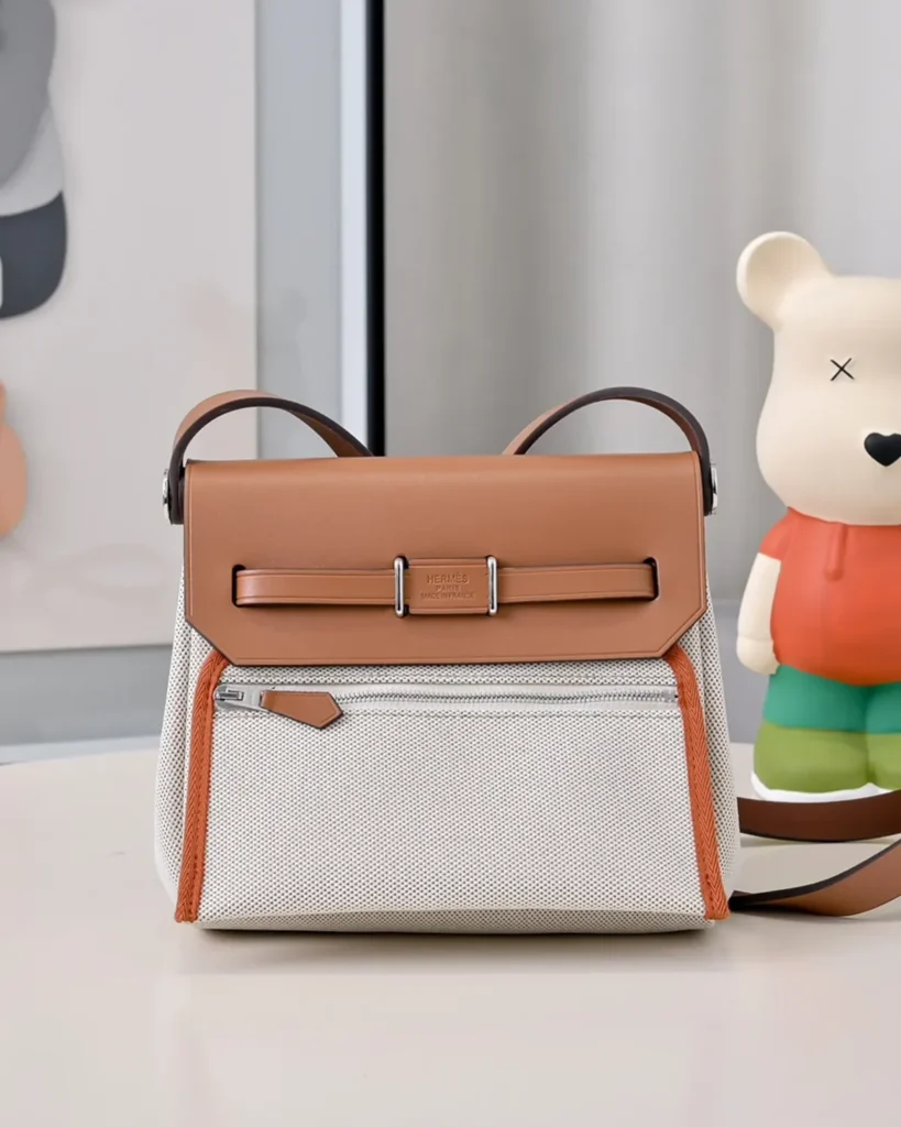 Cream Canvas-Texture Tan Flap Bag — rear view