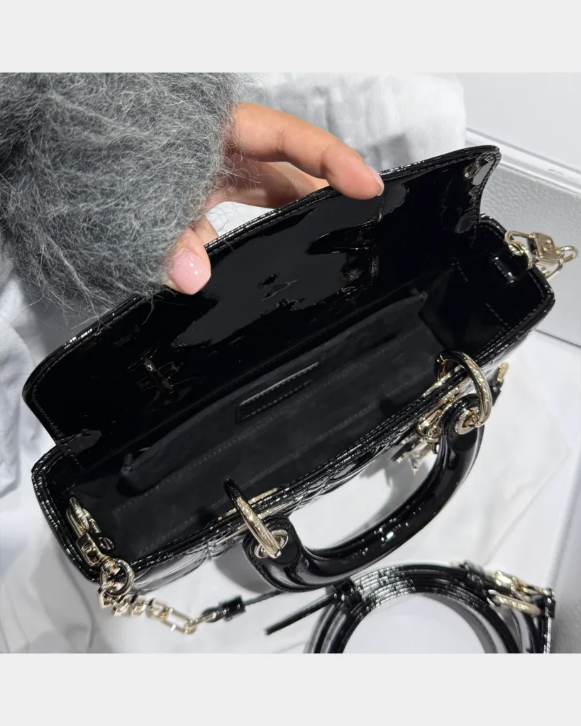 Glossy Black Horizontal Quilted Handbag — interior view