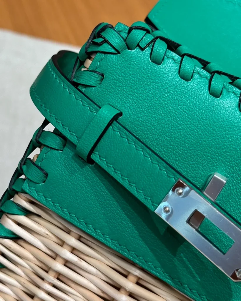 Birkin-Inspired 25 Green Woven Picnic Tote, braided upper trim close-up