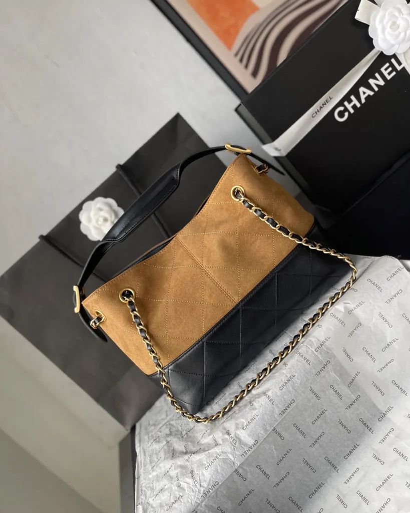 Tan and Black Quilted Chain Tote — rear angle view