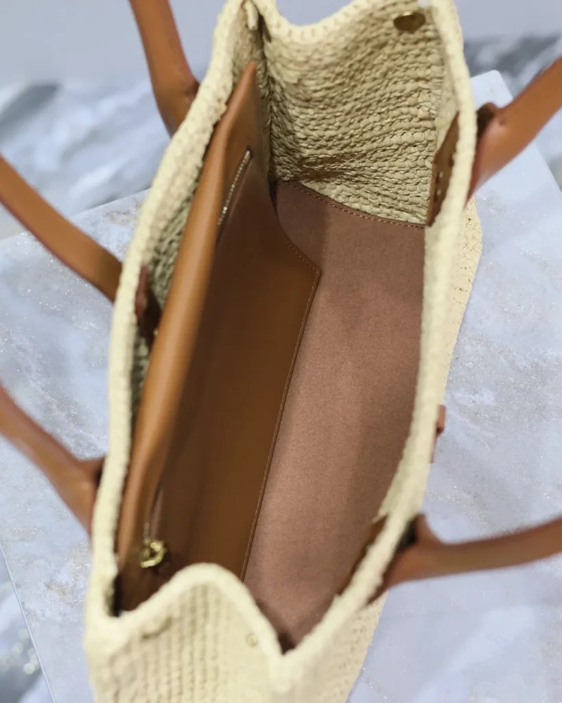 Natural-Tone Woven Tote with Brown Handles — interior view