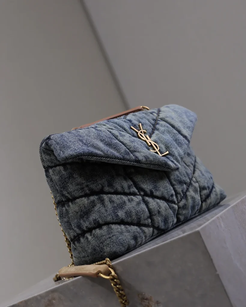 Washed-Blue Quilted Flap Bag — three quarter view