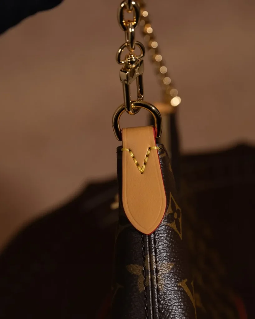 Brown Monogram Crescent Bag with Tan Corners — chain clip view