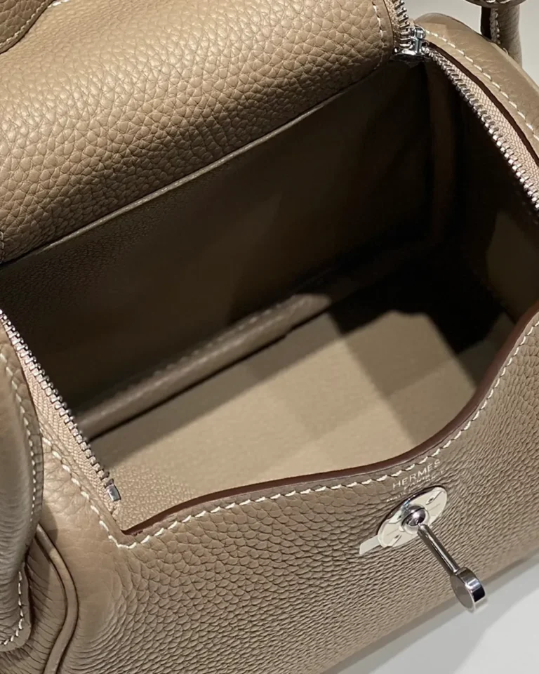 Lindy-Inspired Mini Taupe Crossbody Bag, open interior and inner pocket