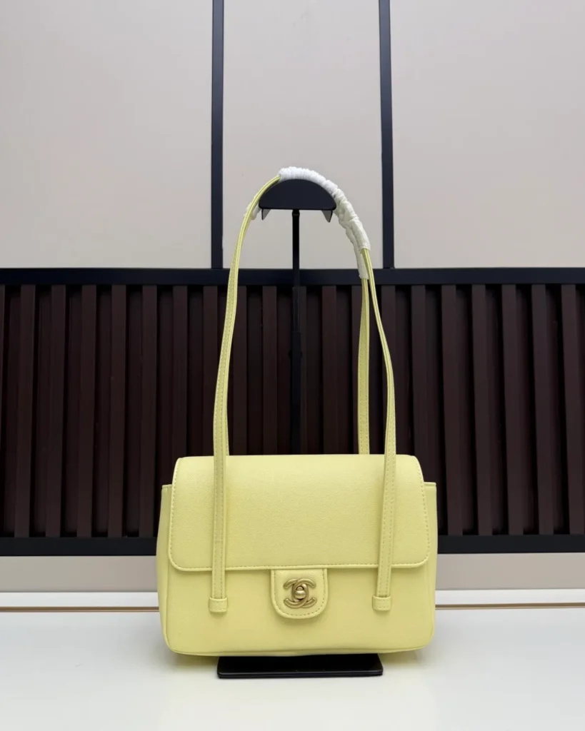 Pale Yellow Long-Handle Flap Bag — front view