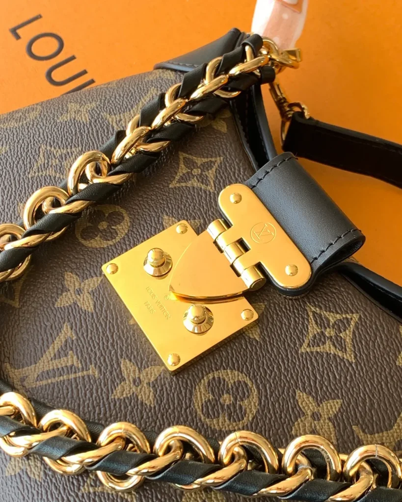 Brown Monogram Curved Shoulder Bag with Chain — clasp view