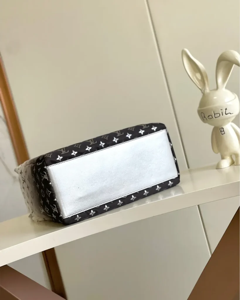 Silver-to-Black Monogram Flower-Charm Tote — base view
