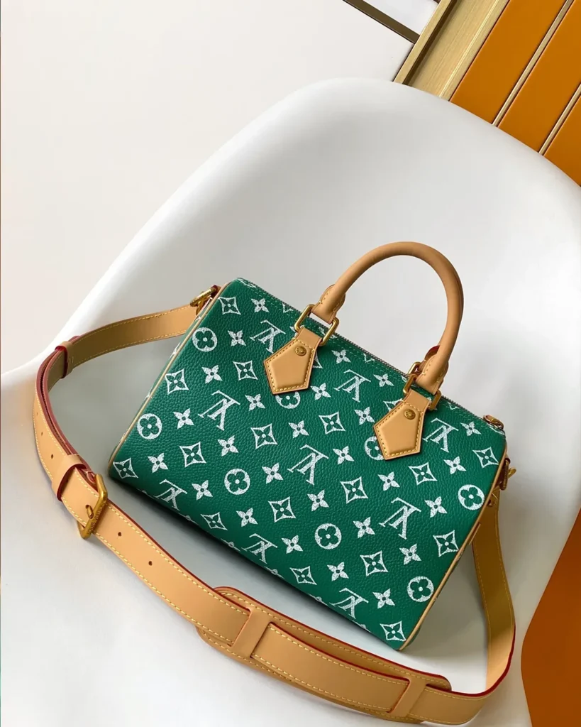 Green and White Monogram Duffle Bag — rear view