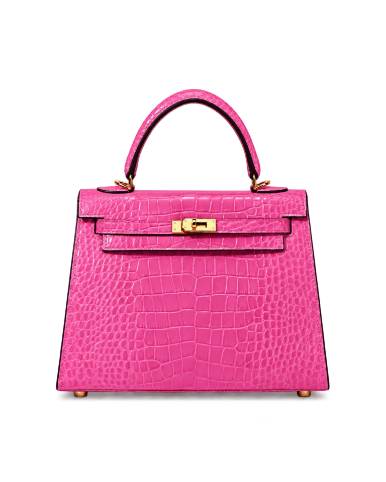 Kelly-Inspired Pink Croc-Pattern Top-Handle Bag, front with top handle