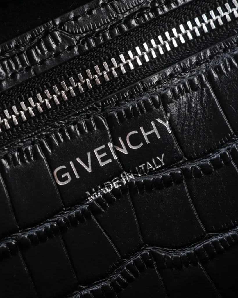 Black Scale-Texture Padlock Satchel — label detail