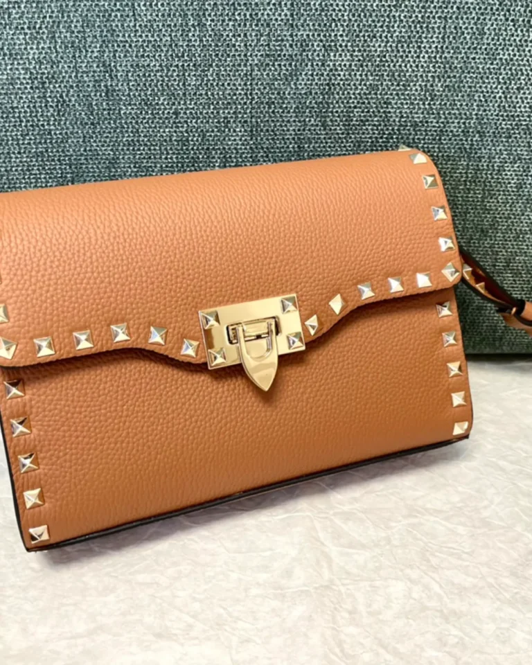 Tan Studded Edge Flap Shoulder Bag — front view