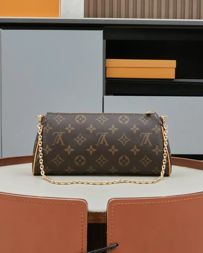 Brown Monogram Gold-Plate Chain Clutch — rear view