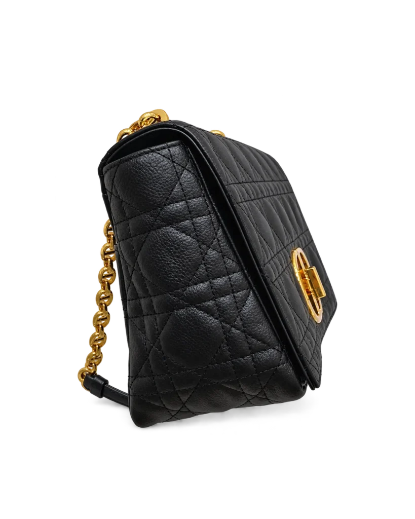 Black Quilted Flap Bag with Gold Tone Clasp — side view