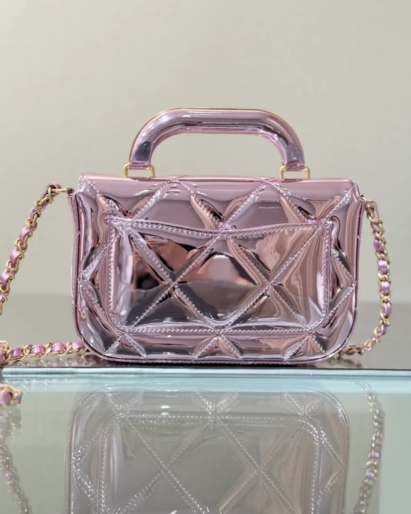 Metallic Pink Quilted Top-Handle Bag — rear view